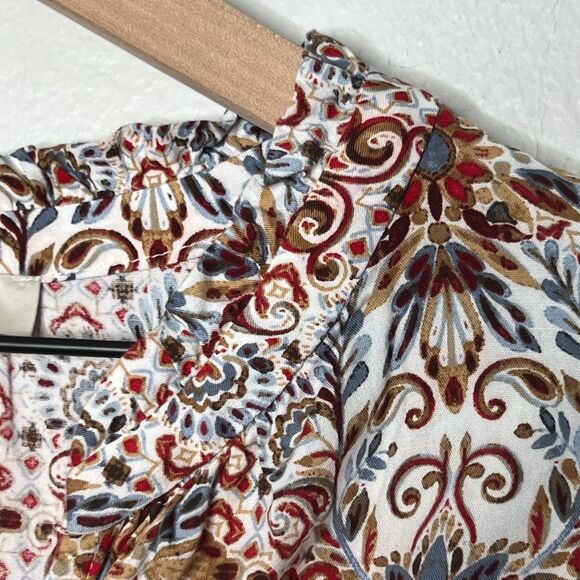 LOFT Womens Button Up Top XL Red Blue Floral Geometric Popover Boho Flowy - Picture 10 of 11